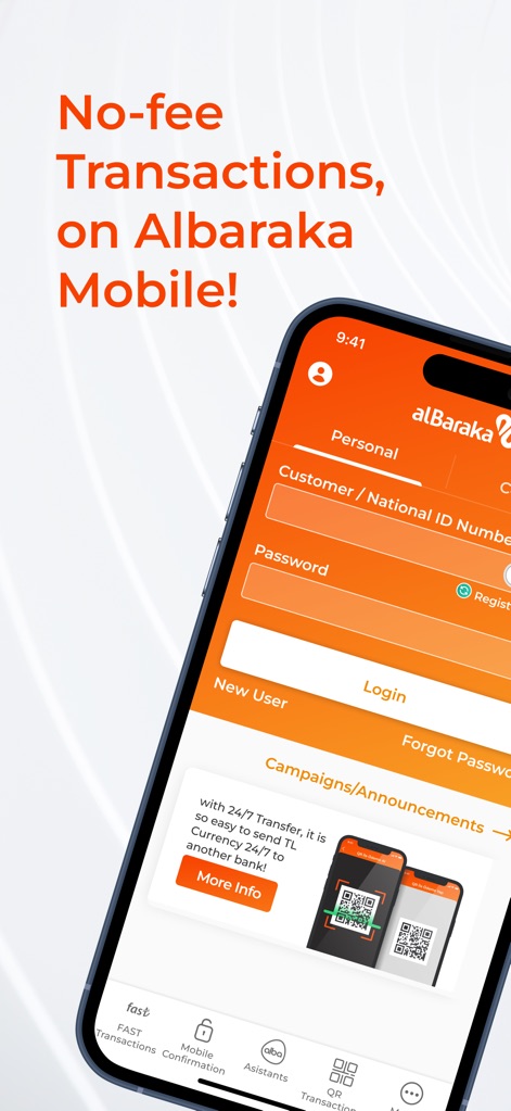 Albaraka Mobil - 이 앱은 사용자가 아이디와 비밀번호 입력 필드를 통해 안전하게 로그인할 수 있는 화면을 제공하며, 하단에는 24/7 이체 정보와 QR 코드를 포함한 '캠페인/공지' 섹션이 표시됩니다.