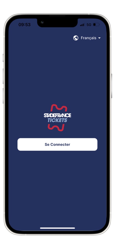 STADEFRANCE Tickets - Dès l'ouverture, l'application STADEFRANCE Tickets invite à la connexion via le bouton "Se Connecter" tout en permettant une sélection linguistique simplifiée pour une expérience personnalisée.