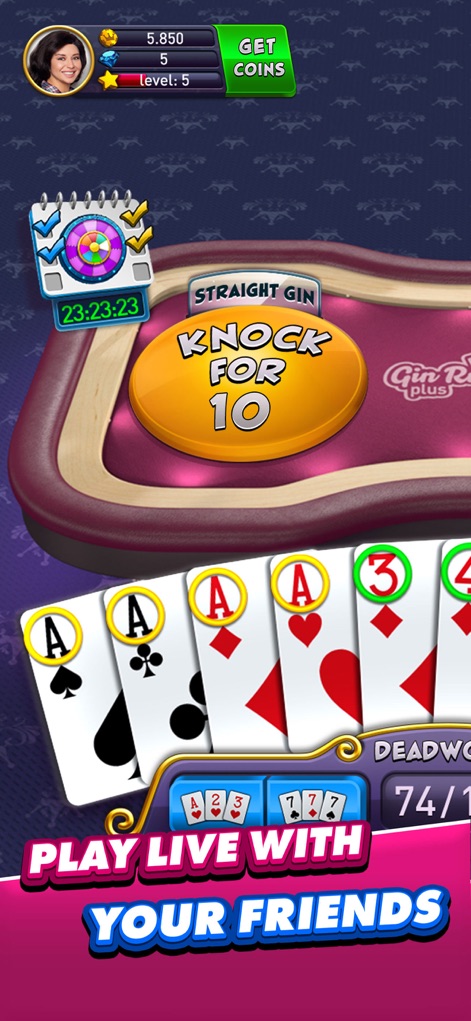 Gin Rummy Plus - Fun Card Game - This screenshot showcases the strategic element with a 'Knock for 10' option and a clear display of the player's current hand, including the deadwood count.