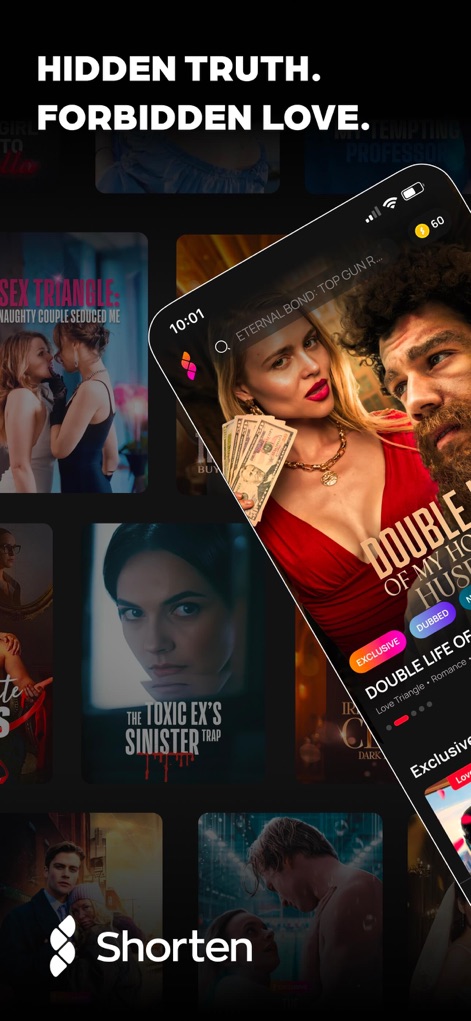 Shorten: Drama Shorts & Series - The app showcases a vibrant home screen with diverse drama covers and an integrated video player displaying key series information like 'EXCLUSIVE' and 'DUBBED' tags.