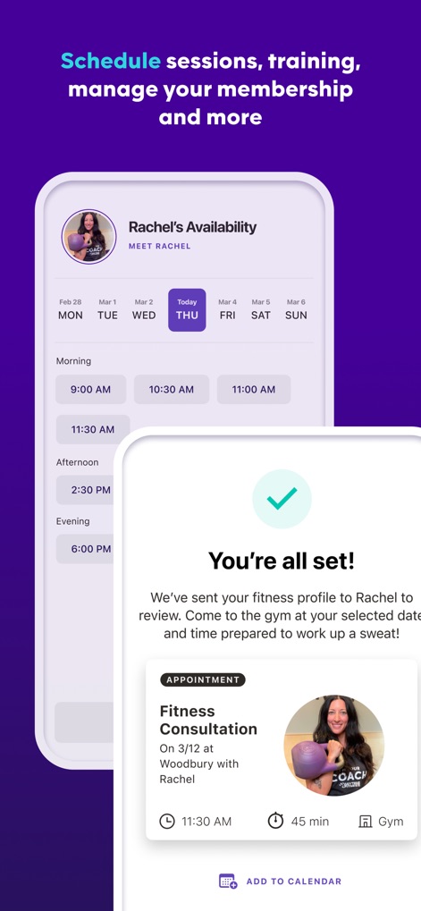 AF App - La aplicación facilita la gestión de citas mostrando la "Rachel's Availability" con franjas horarias y confirmaciones detalladas como "You're all set!" para una consulta de fitness.