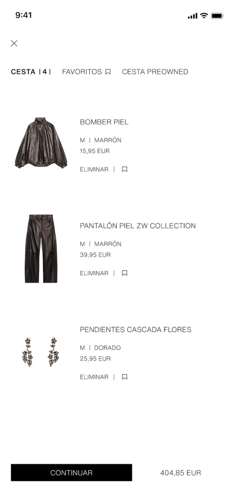 ZARA - 이 앱은 사용자의 장바구니에 담긴 'BOMBER PIEL'과 'PENDIENTES CASCADA FLORES' 등 각 품목의 상세 정보와 가격을 일목요연하게 보여주며, 총 결제 금액과 'CONTINUAR' 버튼을 통해 원활한 구매 경험을 지원합니다.