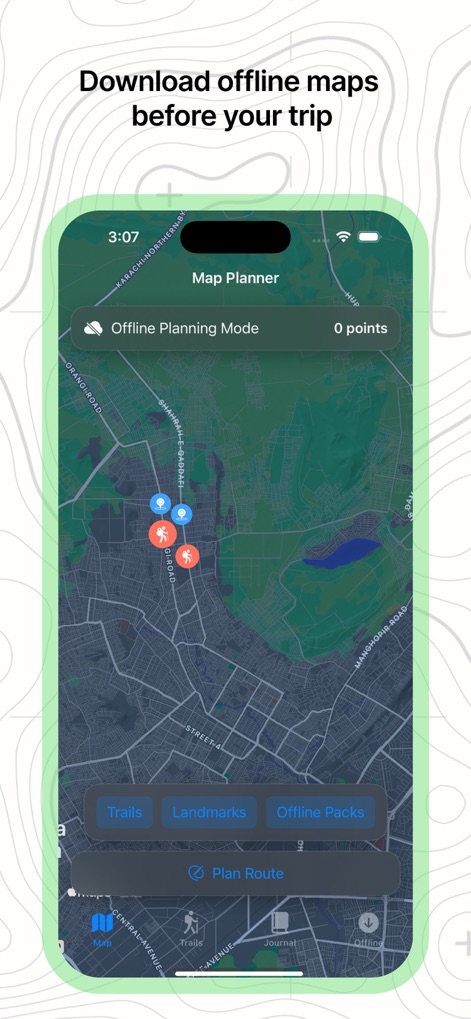 Offline RouteMap 3D - This tool demonstrates its 'Offline Planning Mode' with highlighted trail markers, ensuring users can prepare routes even without an internet connection.