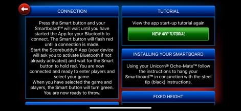 Unicorn ScoreBuddy - La aplicación guía al usuario a través de la configuración esencial, con instrucciones claras para la "CONNECTION" del Smartboard y un botón prominente "VIEW APP TUTORIAL" para revisar los pasos iniciales.