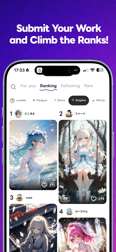 Days AI - AI Art & OC Creator - Nutzer entdecken die dynamische Community der App im Ranking-Bereich, wo sie eine Vielzahl von einzigartigen Charakter-Illustrationen anderer Künstler mit ihren jeweiligen Likes und Platzierungen sehen können.