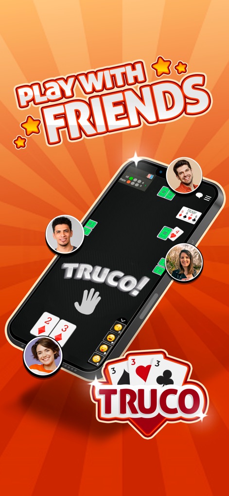 Truco GameVelvet - Card Game - The app facilitates social interaction with a clear 'Play with Friends' callout and multiple player avatars on the game table.