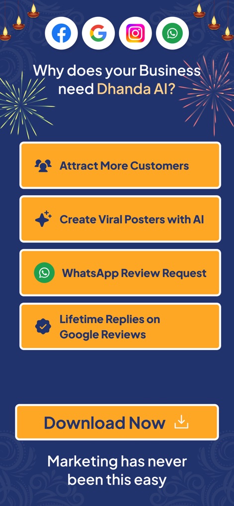 Dhanda - This section clearly outlines the app's key benefits, such as creating viral marketing visuals with AI and automating Google review replies.