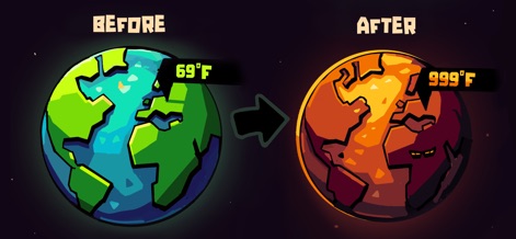 Earth Inc. Tycoon Idle Miner - This tool starkly illustrates environmental impact with 'BEFORE' and 'AFTER' labels, displaying the planet's transformation from a cool 69°F to a scorching 999°F.