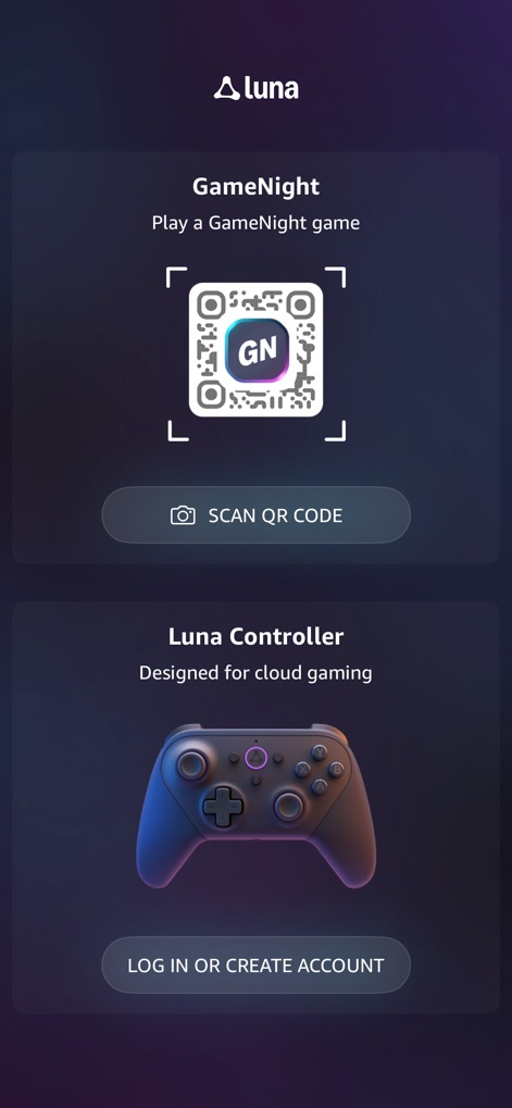 Luna Controller - Gli utenti possono avviare una sessione di "GameNight" scansionando il codice QR visualizzato o accedere/creare un account per gestire il proprio Luna Controller, come mostrato dalle due sezioni interattive.