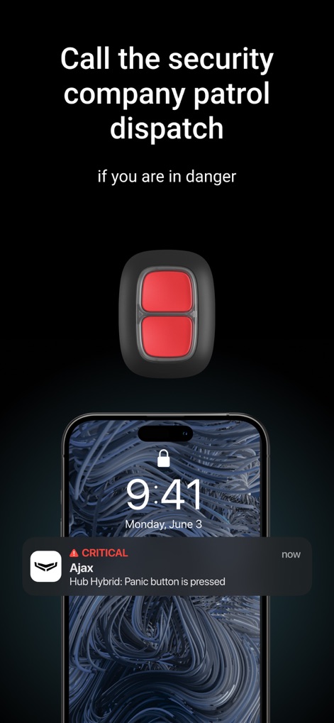 Ajax Security System - Die Abbildung zeigt die physische Panik-Taste und wie die App kritische Benachrichtigungen über deren Aktivierung sendet, um schnelle Hilfe zu gewährleisten.