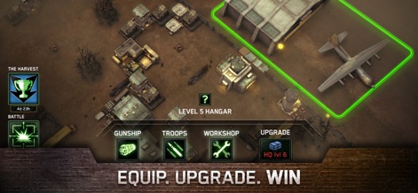 Zombie Gunship Survival: AC130 - The app showcases its strategic base-building layout, featuring key structures like the Hangar and HQ, alongside an intuitive upgrade and management interface for efficient resource allocation and defense.