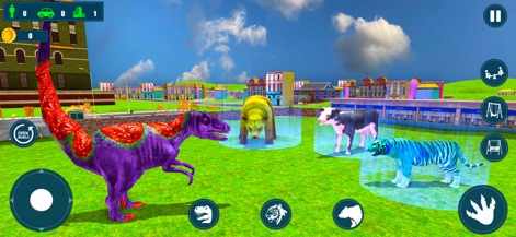 Jurassic Dinosaur Survival 3D - Discover the range of majestic animal transformations available, from a vibrant purple dinosaur to powerful bears and tigers, all set within a sprawling urban environment.