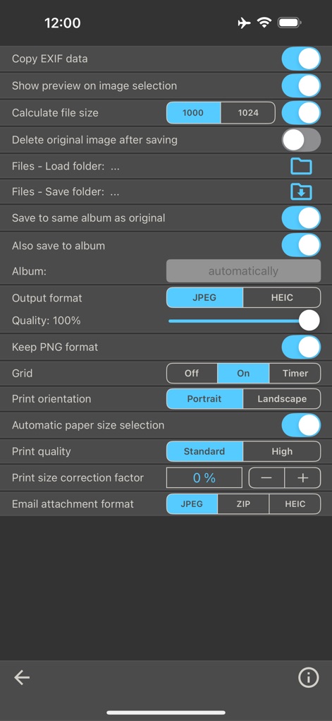 Image Size - 사용자는 '출력 형식'을 JPEG 또는 HEIC로 선택하고, '인쇄 방향'을 세로 또는 가로로 설정하는 등 다양한 옵션을 통해 앱의 동작을 세밀하게 제어할 수 있습니다.