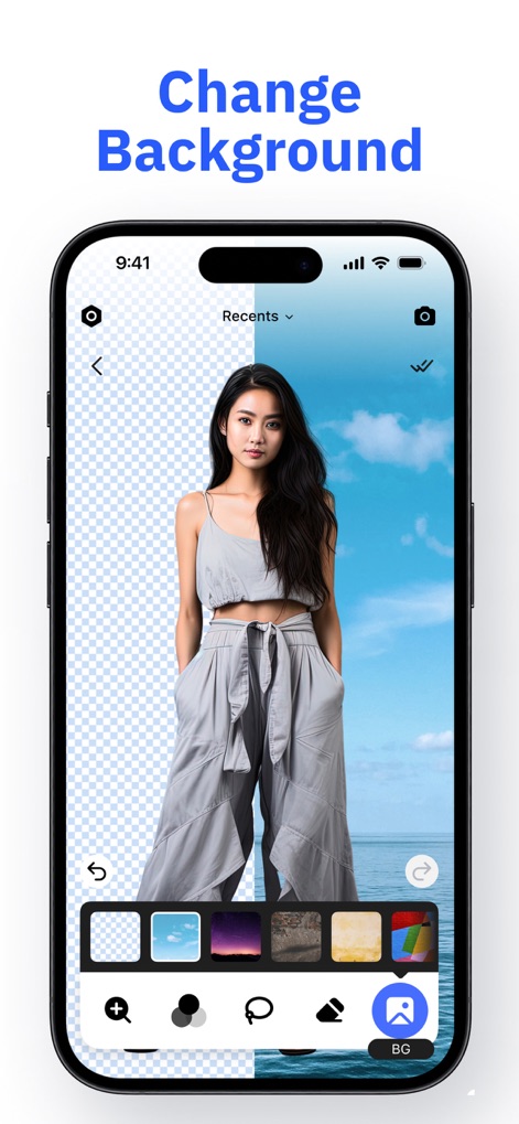 Photo Editor・Background Eraser - Dopo aver isolato un soggetto, gli utenti possono scegliere tra una vasta gamma di sfondi predefiniti, come mostrato dalla galleria di opzioni in basso, e applicarli con un semplice tocco, come il cielo azzurro.