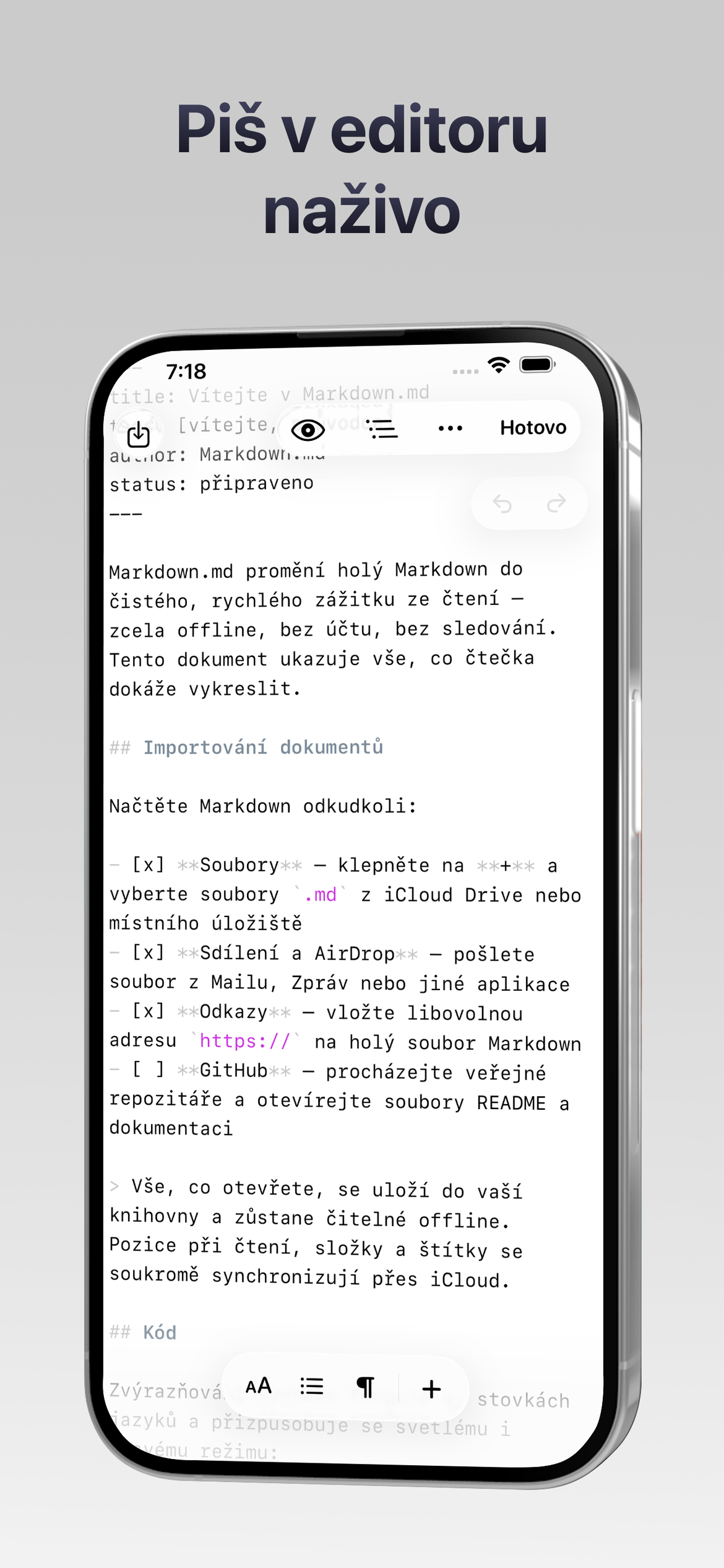 Markdown.md - Čtečka — Piste v zivem editoru