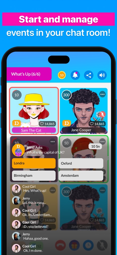 BlindID: Live & Group Chat - Hier wird gezeigt, wie ein Live-Quiz oder eine Umfrage direkt in den Chat integriert ist, während gleichzeitig die Echtzeit-Nachrichten der Teilnehmer sichtbar sind.