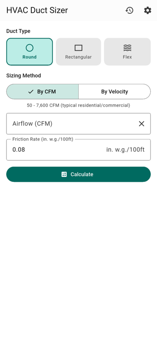 Duct Sizer Calc HVAC Screenshot 1 of 4