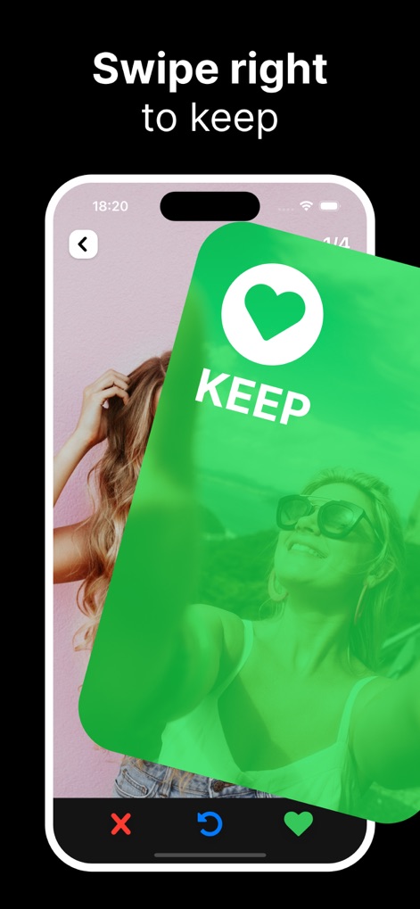 Photo Cleaner ® - Users can quickly keep cherished photos with a simple swipe right gesture, clearly indicated by the prominent 'KEEP' overlay and heart icon.