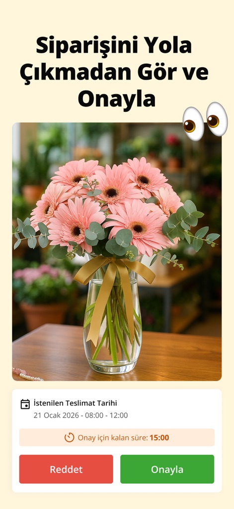 Çiçeksepeti - Çiçek & Hediye - Cette fonctionnalité permet aux utilisateurs de prévisualiser leur commande de fleurs avant l'expédition et de confirmer ou rejeter via des boutons dédiés.