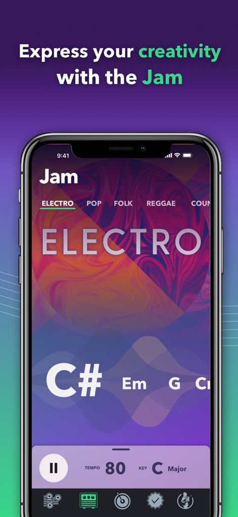 Guitar Tuner Easy tune chords - Explore the app's dynamic Jam mode, showcasing various music styles like 'Electro' and providing clear chord progression displays.