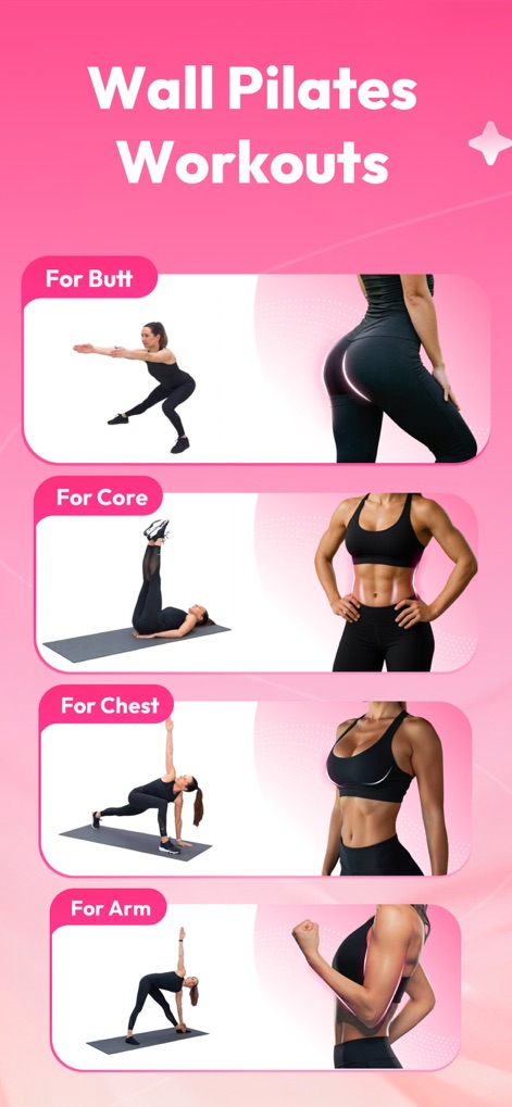 LightFit: Home Workout Plan - The app showcases a wide array of specialized workout categories, such as 'Wall Pilates Workouts For Butt' and 'For Arm', each with demonstrative images of the exercise and targeted body part.