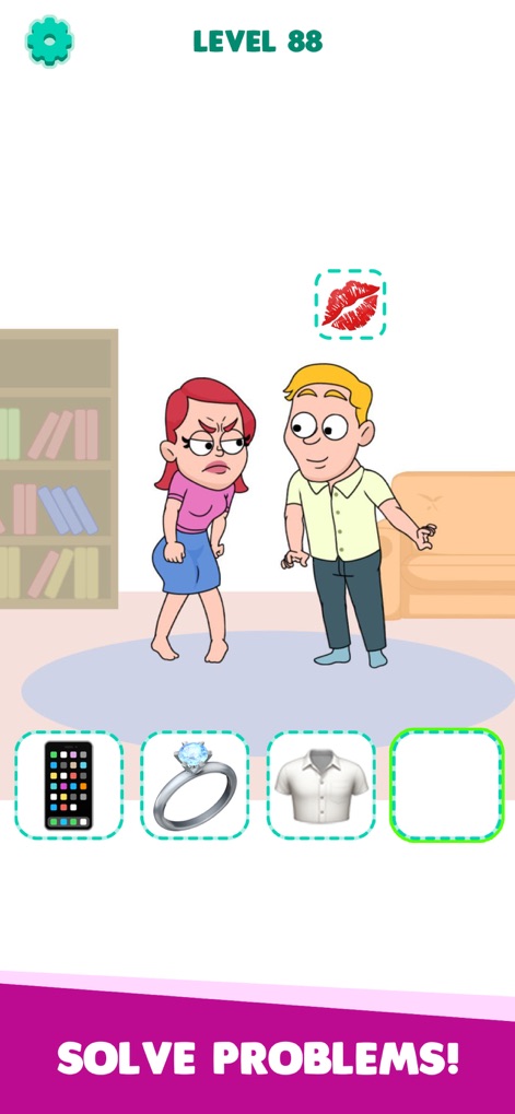 Emoji Story: Tricky Puzzles - Users can engage with humorous domestic scenarios, completing the story by dragging and dropping relevant items such as the diamond ring or a fresh shirt onto the scene to influence the outcome.