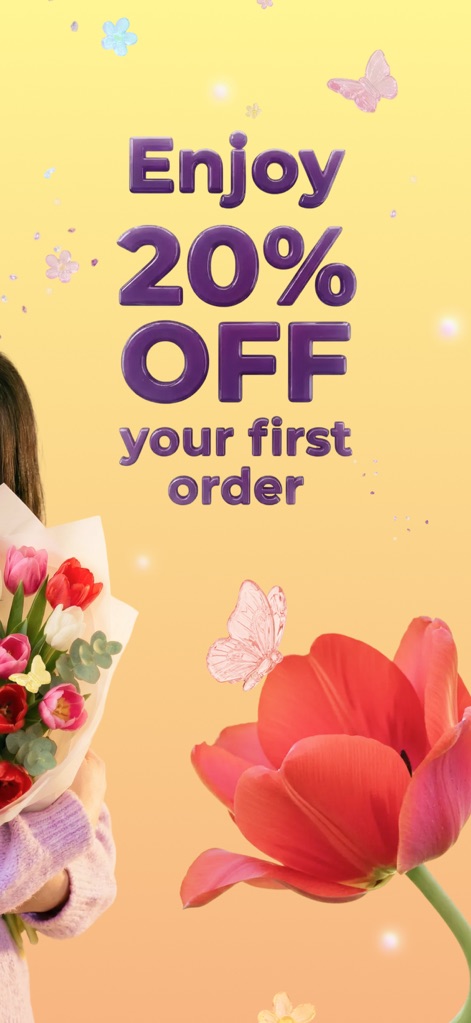 Flowwow: Flower Marketplace - New users are greeted with an attractive '20% OFF your first order' promotion, prominently displayed to encourage immediate engagement with the marketplace.