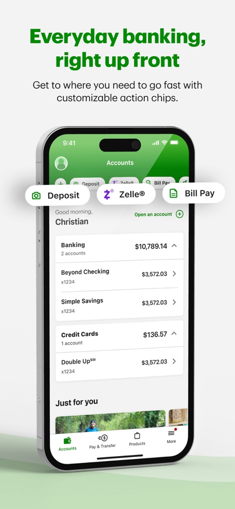 TD Bank (US) - Users are greeted with a personalized dashboard, showcasing various account balances and convenient customizable action chips for quick access to tasks like 'Deposit' or 'Bill Pay'.