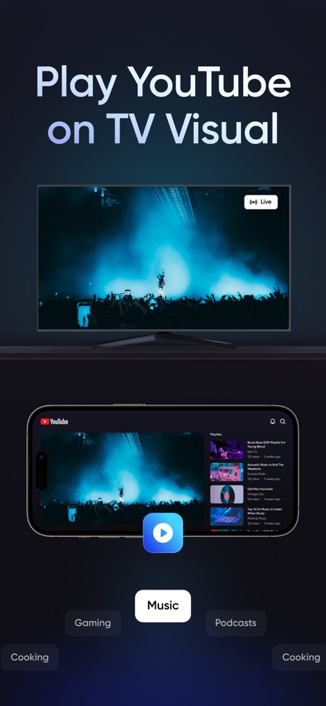Screen Mirroring | TV Cast - O aplicativo projeta vídeos do YouTube na tela grande, apresentando um show de música ao vivo na TV e a interface familiar do YouTube no telefone.