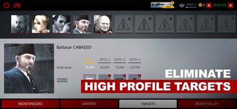 Hitman Sniper - Users can review high-profile targets with detailed intel tiers and track their possible rewards, displayed clearly on the mission selection interface.