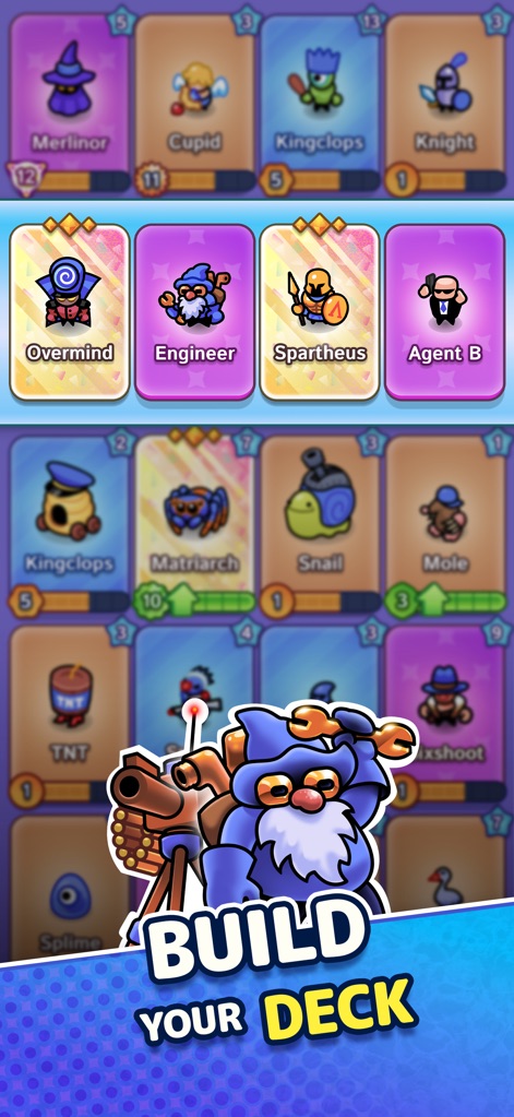 Draft Showdown - The app provides an extensive card collection interface, allowing players to build signature decks from a roster of unique units like "Overmind" and "Kingclops" to optimize their strategic loadouts.