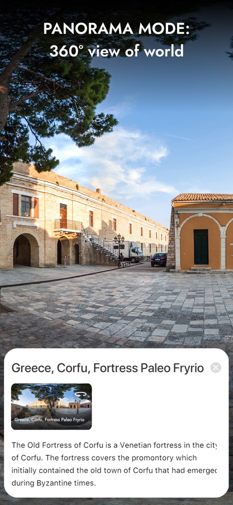 Globe 3D - Planet Earth Guide - Experience the world through breathtaking 360° panoramic views, allowing users to virtually explore locations like the ancient fortress, complete with contextual descriptions.