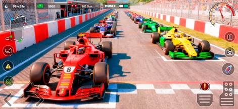 TurboX: Moto & Car Racing Game - La imagen revela la formación inicial de coches de Fórmula en la parrilla de salida, con una multitud de espectadores en las gradas y el contador de tiempo de carrera en la parte superior.