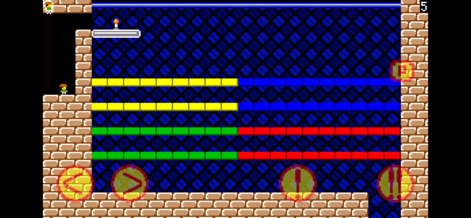 TrapAdventure 2 - The app showcases its dynamic level elements with vibrant, colored moving platforms that test timing and agility, all while utilizing the intuitive on-screen movement buttons.