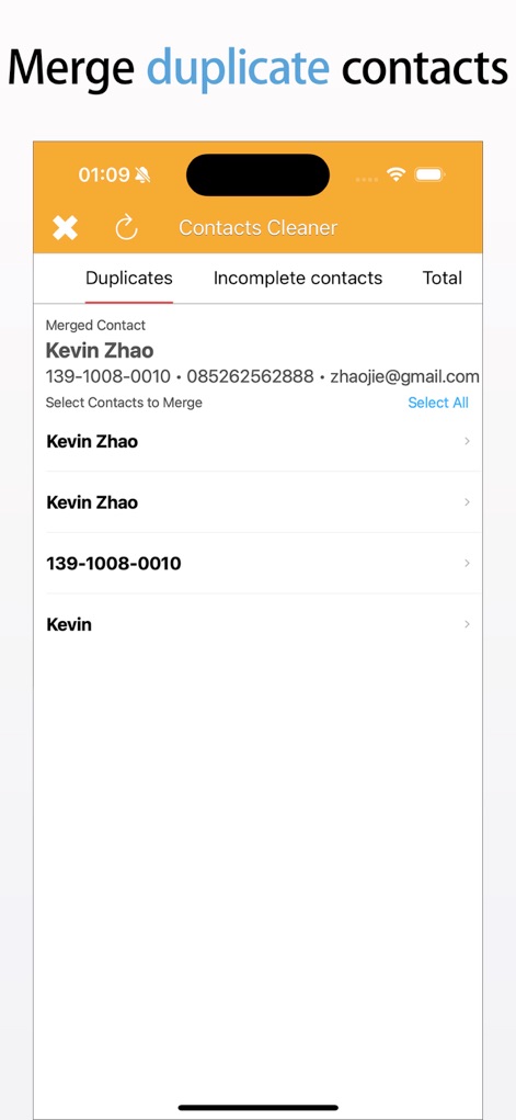 AI Cleaner Max-Clean Up Device - This feature simplifies contact organization by presenting identified duplicate contacts and providing a clear option to merge them for a tidy address book.