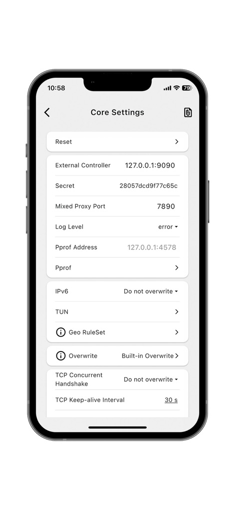 Clash Mi - 이 앱은 External Controller 주소 및 강력한 Overwrite 설정을 포함하여, 사용자가 핵심 네트워크 매개변수를 세부적으로 조정할 수 있도록 지원합니다.