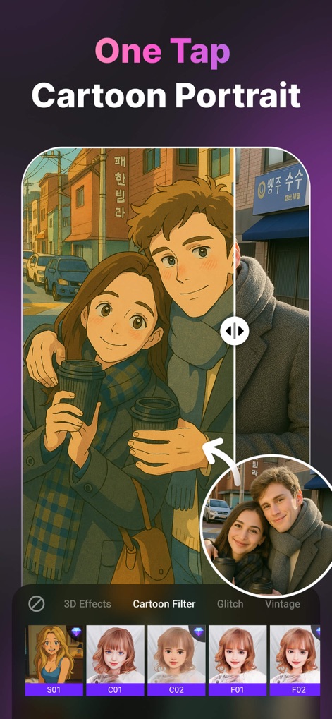 LoopArt - 3D Photo & Morph - Los usuarios pueden transformar instantáneamente sus fotos en atractivos retratos de dibujos animados, observando la conversión de X (una fotografía real) a Y (una ilustración animada con colores vivos).