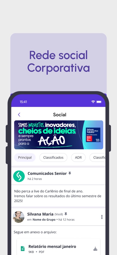 wiipo - O aplicativo integra uma rede social corporativa, com um feed de comunicados e postagens de usuários com anexos de PDF.