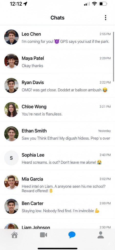 Senior Assassin - The integrated chat interface facilitates player interaction through direct messages and taunts, with clear message timestamps and player profile icons for easy identification.