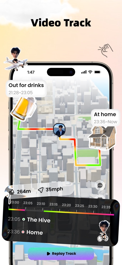 Jagat-Find Family & Friends - Este visual demonstra o percurso de um usuário em um mapa urbano, com o trajeto colorido e uma linha do tempo detalhada de sua atividade, incluindo paradas e horários.