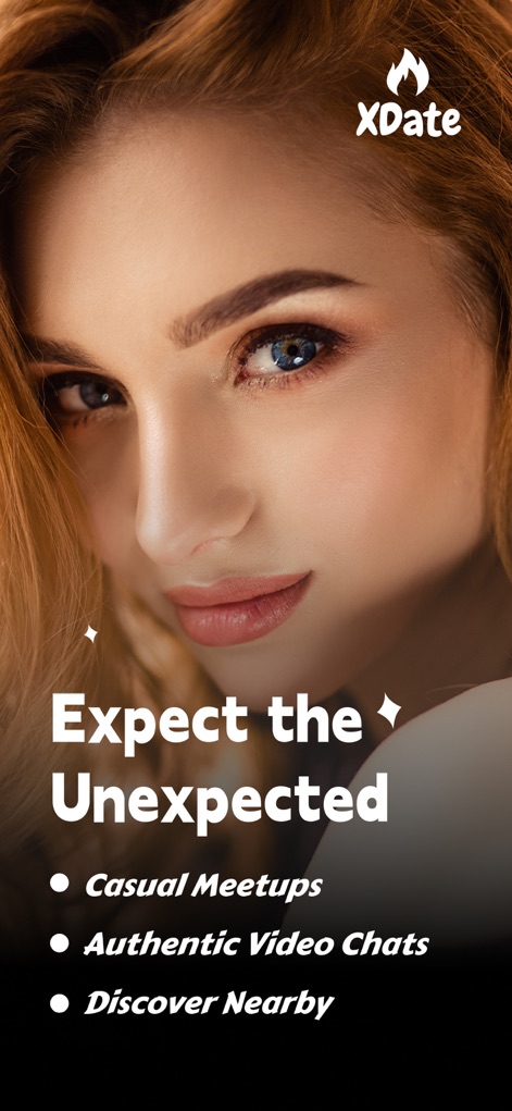 Adult Flirt Meetup App - XDate - This introductory screen highlights the app's focus on casual meetups and authentic video chats for discovering nearby connections.