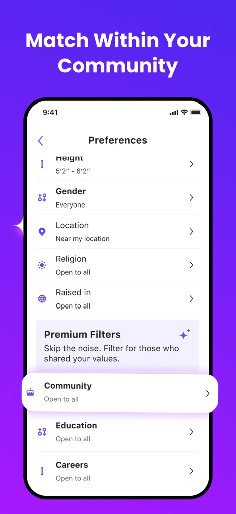 Dil Mil: South Asian Dating - Gli utenti possono affinare la ricerca del partner ideale attraverso impostazioni dettagliate come l'opzione "Religione" e "Comunità", garantendo compatibilità culturale e valoriale.