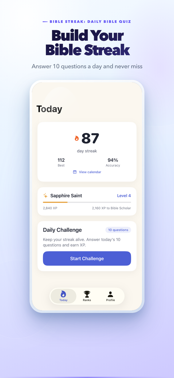 Bible Streak home screen with daily streak and challenge