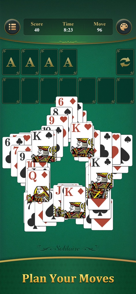 Solitaire Klondike: Brain Game - Admire the unique star-shaped card arrangement signifying a successful game, alongside the accessible customizable theme button.