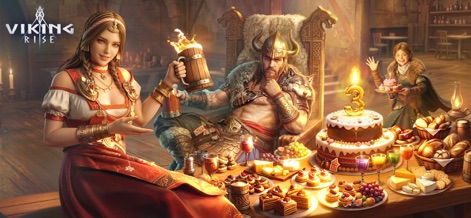 Viking Rise - A cena vibrante mostra uma celebração luxuosa com personagens vikings em trajes tradicionais e uma mesa farta com um bolo de aniversário.