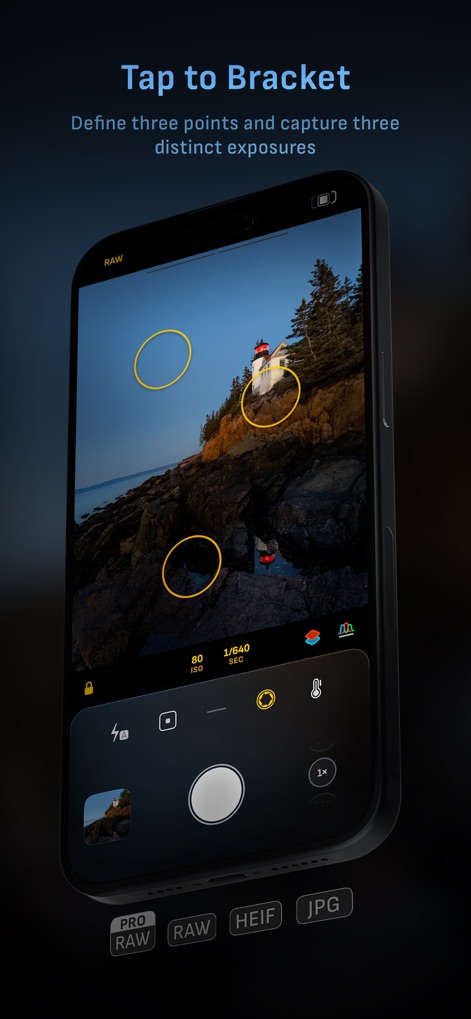 Camera M - Pro Manual Camera - The app facilitates bracket shooting by allowing users to define three exposure points and capture distinct exposures with precision.