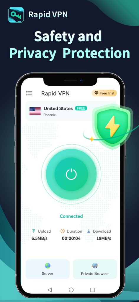 Rapid VPN - Safe & Fast Proxy - The app highlights its robust protection through the main connection interface and a distinctive green shield icon, symbolizing advanced privacy features.