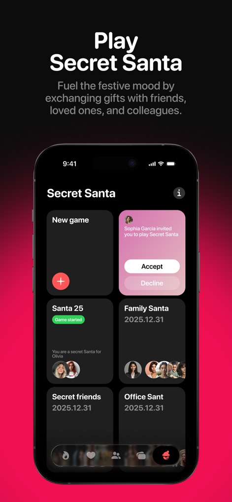 Ohmywishes: Wishlists & Gifts - Users can initiate "New game" events and manage invitations, allowing them to accept or decline participation in festive Secret Santa exchanges.