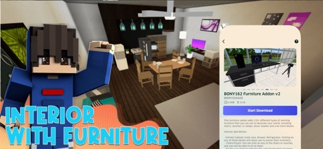 Furniture Addon for Minecraft+ - Esplora le possibilità di personalizzazione degli interni, come il tavolo da pranzo con sedie e gli elettrodomestici da cucina, mentre lo strumento offre un processo di installazione facilitato con il pulsante "Start Download" per aggiungere immediatamente nuovi elementi.