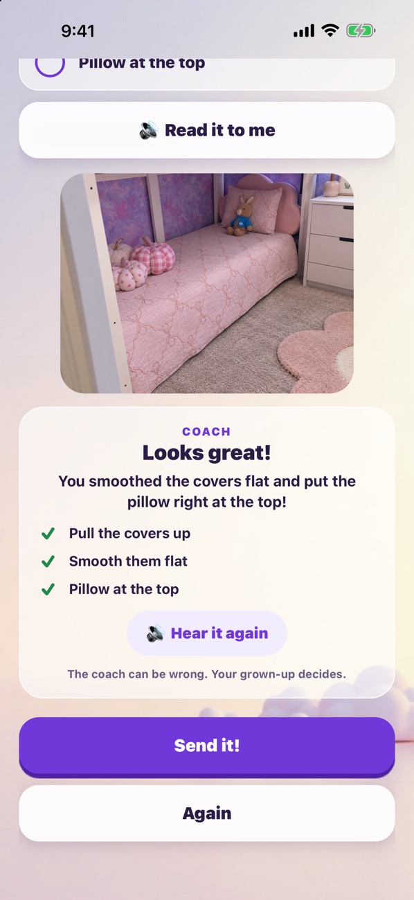 Zupzi's photo coach on iPhone: a photo of a made bed, the note Looks great! with the three steps checked, and the line The coach can be wrong. Your grown-up decides., above the buttons Send it! and Again.